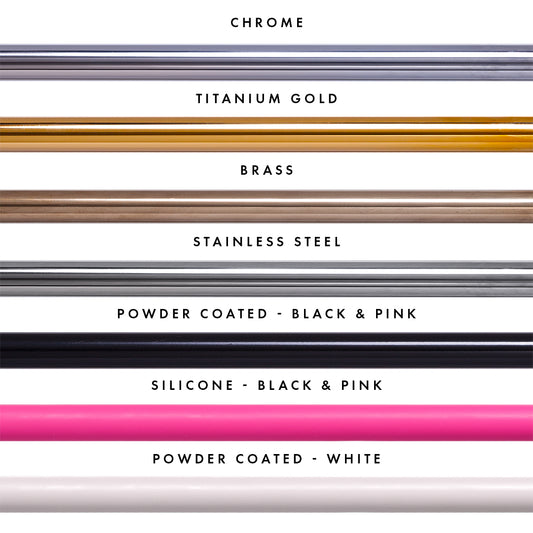 X-Pole Extensions 40mm Chrome, Titanium Gold, Brass, Stainless Steel, Powder Coated Black, Pink & White, Silicone Black & Pink